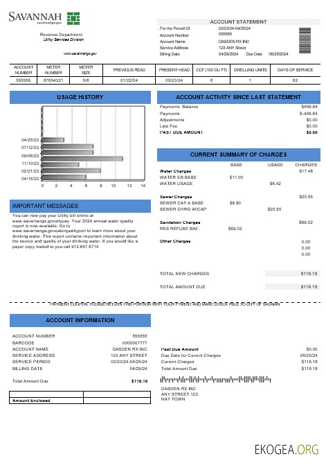 Modèle de facture de services publics des États Unis, Géorgie, Savannah, aux formats Word et PDF